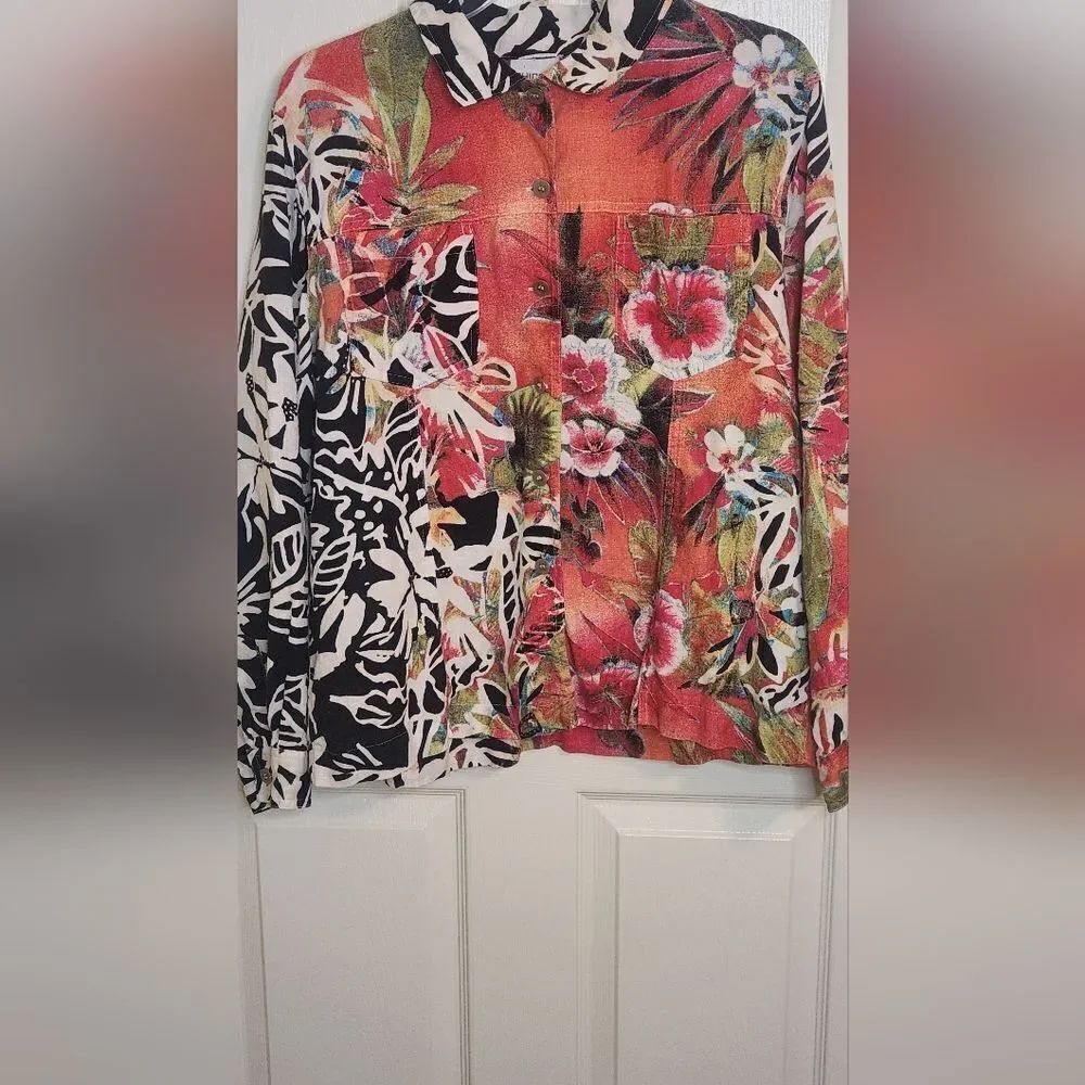 Chico's L Multclrd 100% LINEN Pocket Lngslv Floral Print Buttons Up Women Shirt